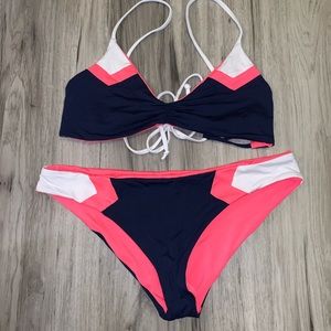 Lspace strappy back pink, white, and navy bikini